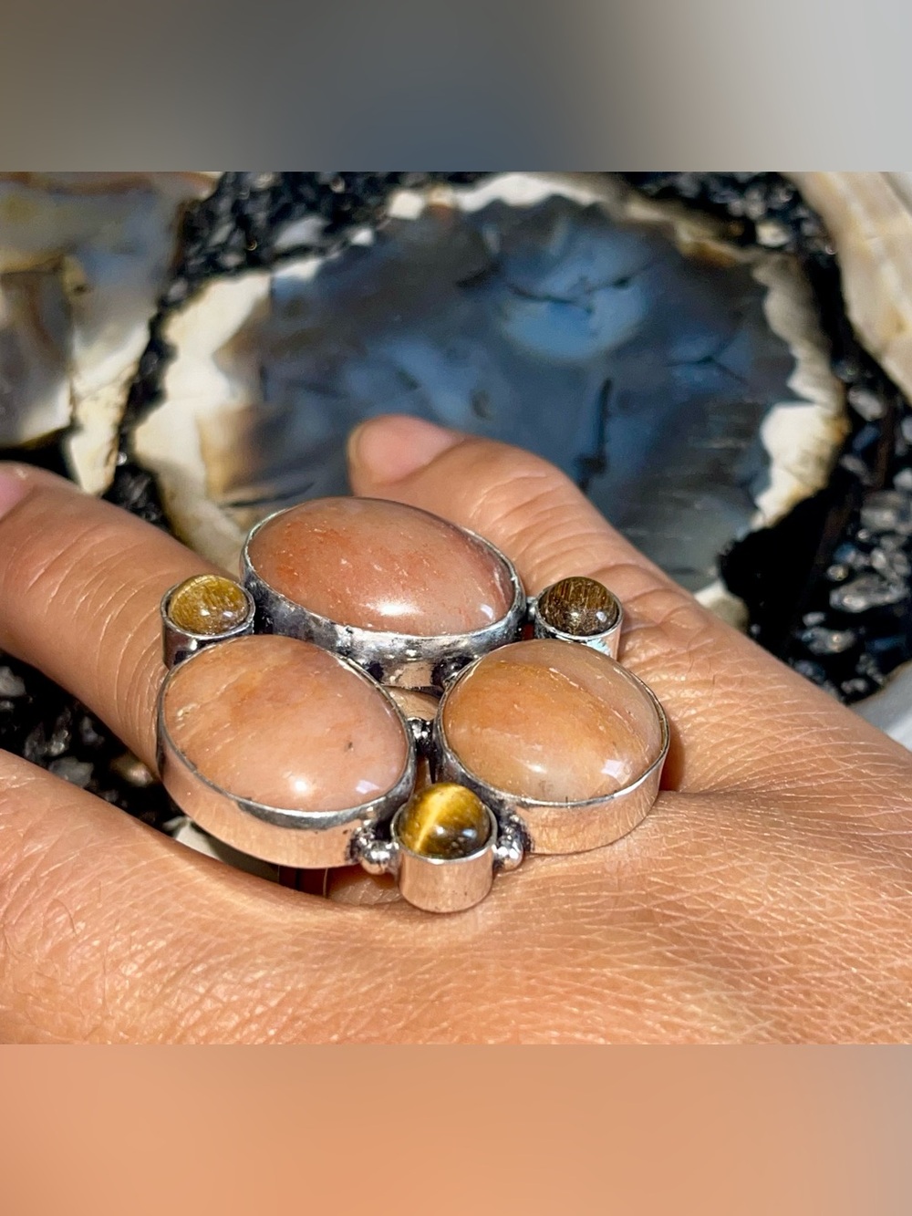 Large Earthy Multi-stone Peach Moonstone Ring 8 1/2